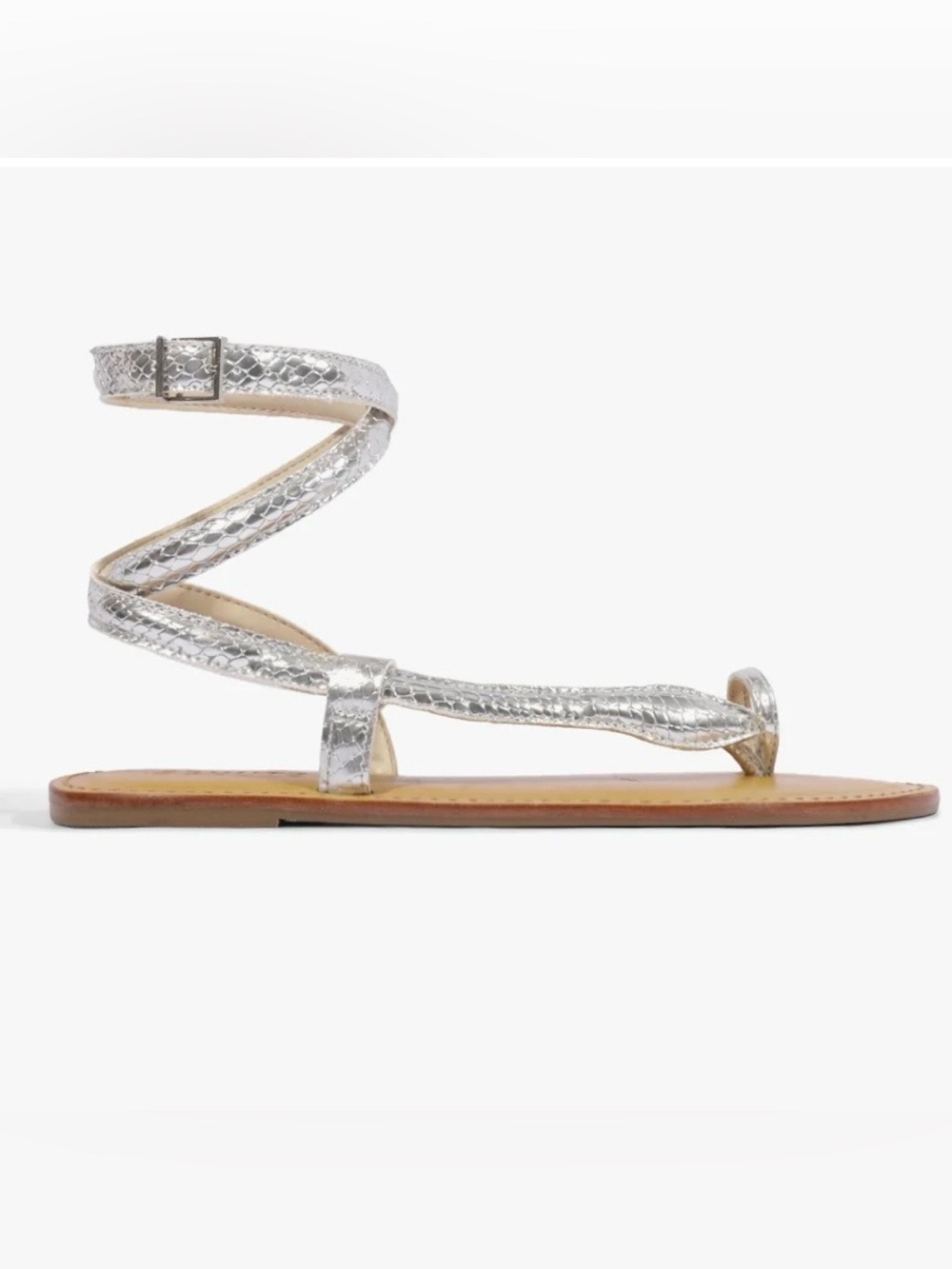 Schutz Courtney Metallic Leather Wrap Sandals Silver Snake Embossed Sz 6.5